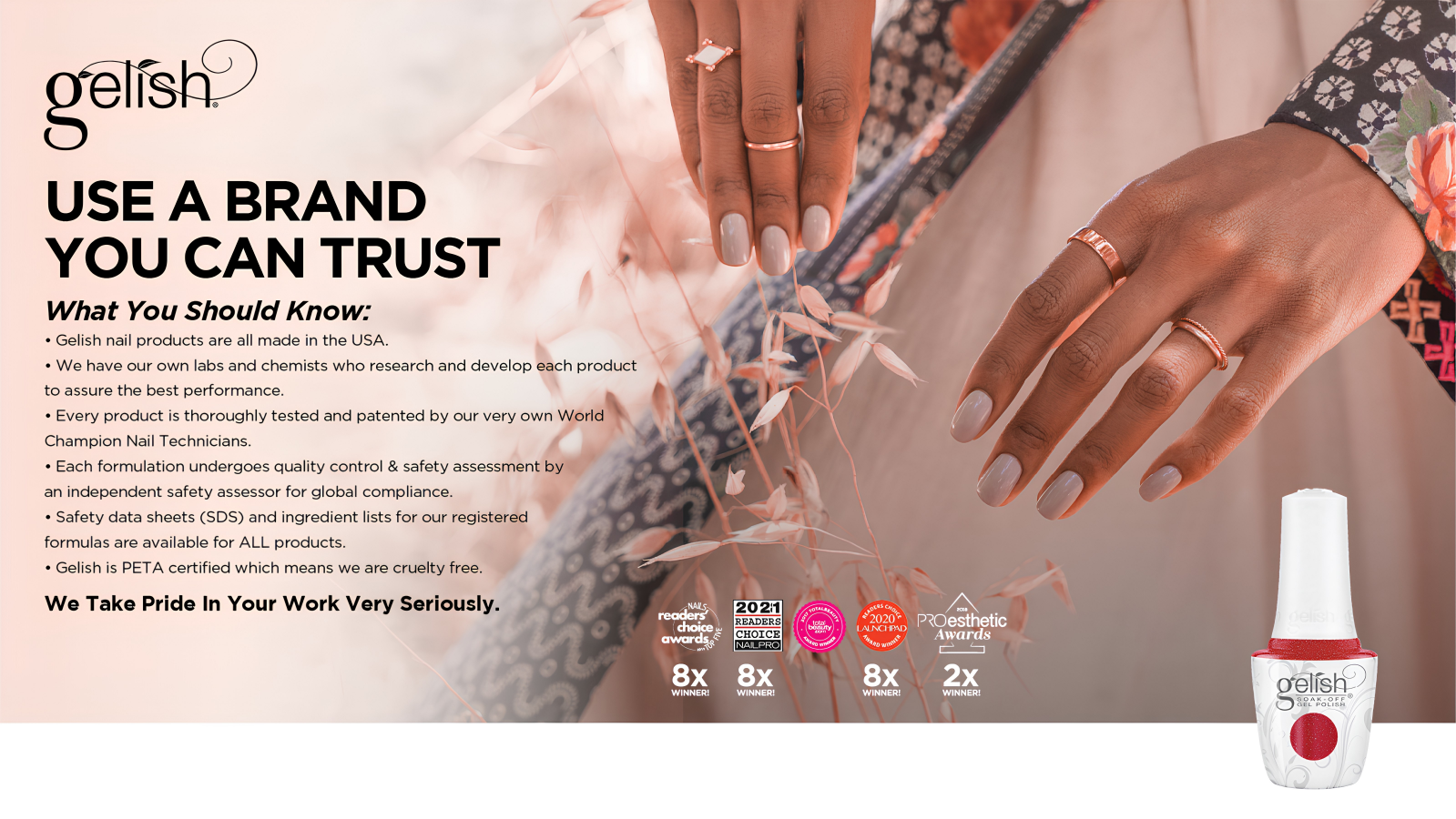 Gelish เป็นแบรนด์แรกในโลกที่คิดค้นและพัฒนาสีเจลทาเล็บแบบ Brush-in-Bottle (บรรจุในขวดพร้อมแปรงในตัว) และเปิดตัว Gelish Soak-Off Gel Polish ในปี ค.ศ. 2009
