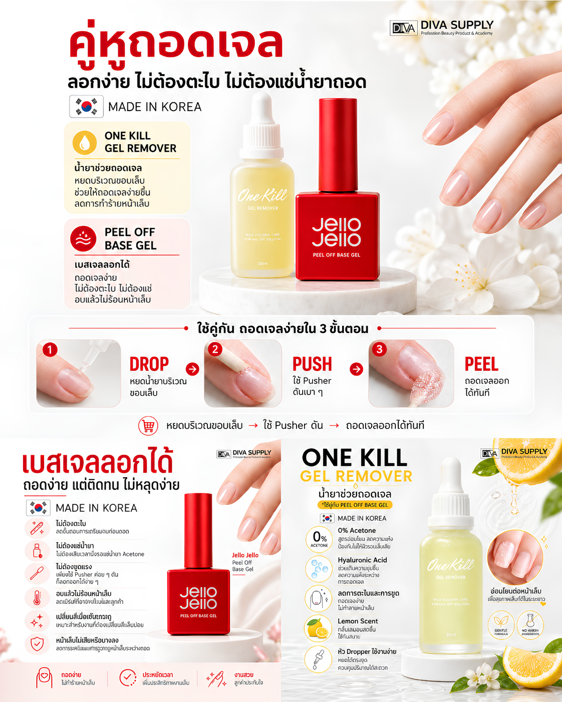 คู่หูถอดเจลตัวดังจากเกาหลี Jello Jello Peels Off เบสเจลลอกได้+ One Kill Remover น้ำยาช่วยถอดเจล